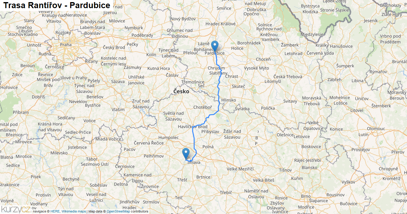 Rantířov-Pardubice, mapa trasy