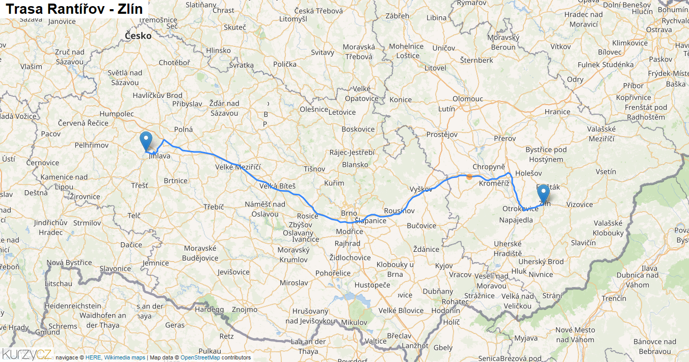 Rantířov-Zlín, mapa trasy
