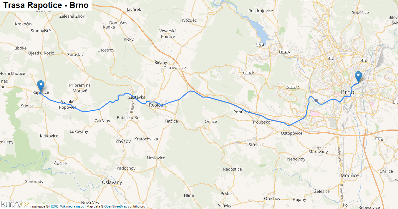 Rapotice-Brno, mapa trasy