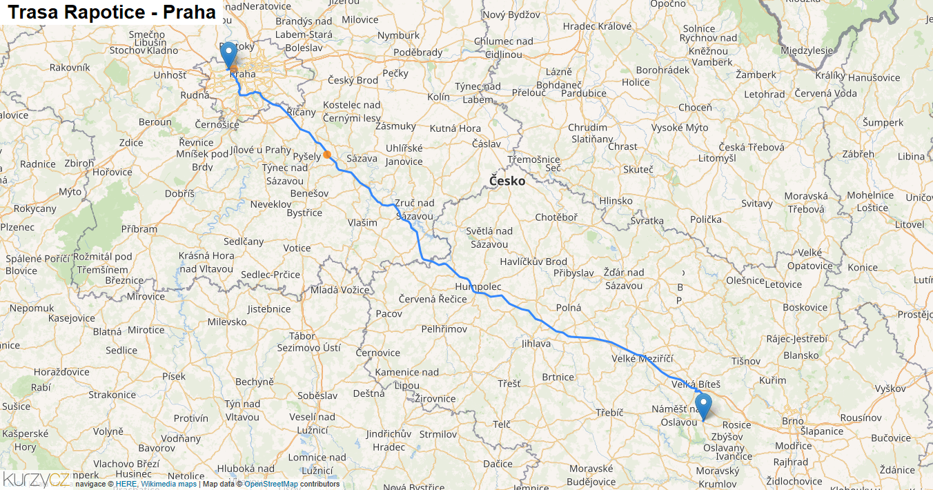 Rapotice-Praha, mapa trasy