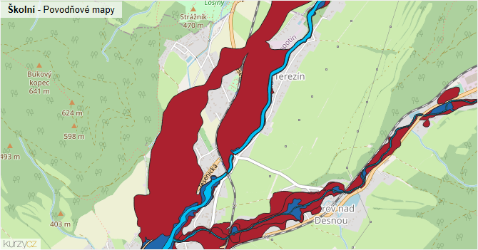 Školní - záplavové mapy stoleté vody