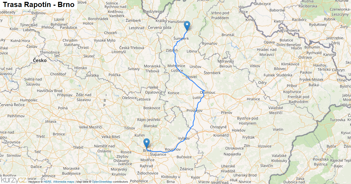 Rapotín-Brno, mapa trasy