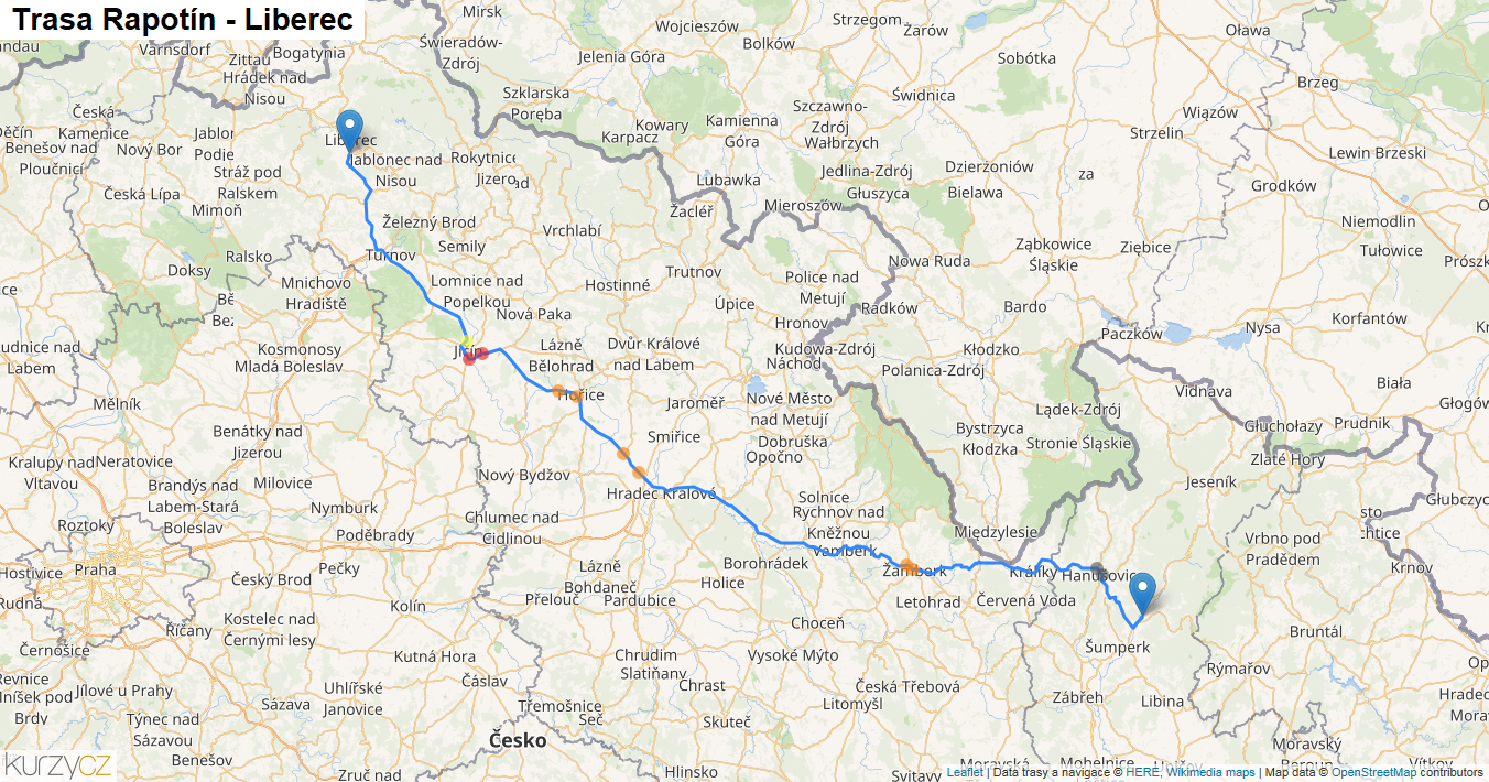 Rapotín-Liberec, mapa trasy