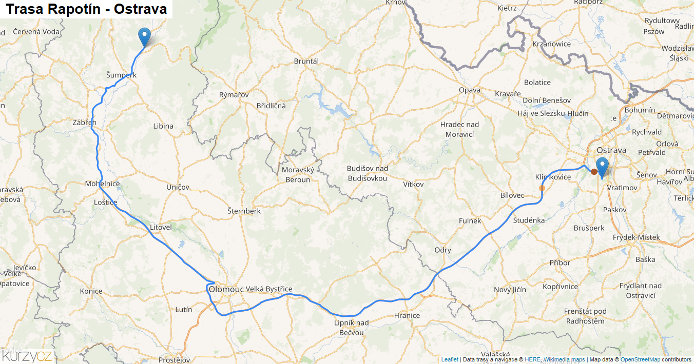 Rapotín-Ostrava, mapa trasy