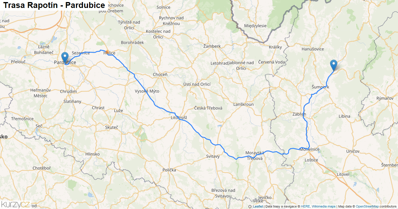 Rapotín-Pardubice, mapa trasy