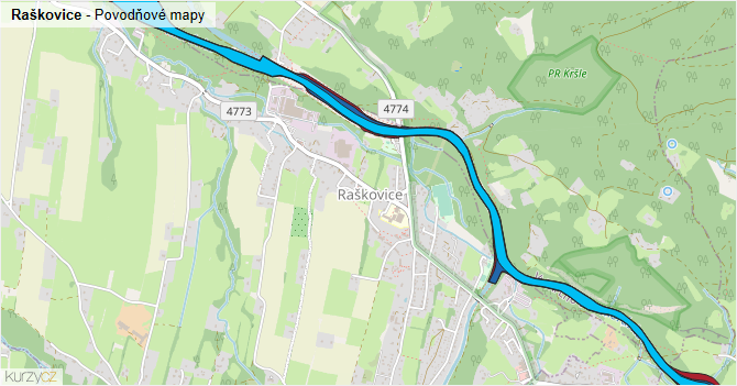 Raškovice - záplavové mapy stoleté vody