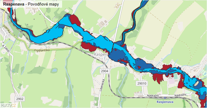 Raspenava - záplavové mapy stoleté vody
