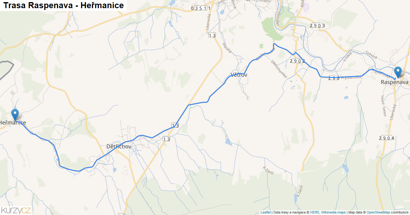 Raspenava-Heřmanice, mapa trasy