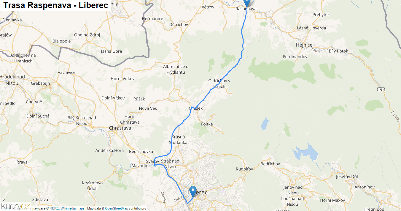 Raspenava-Liberec, mapa trasy