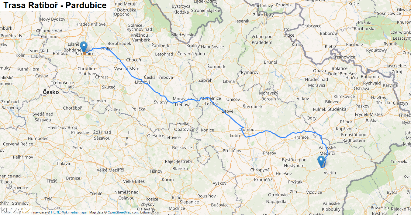 Ratiboř-Pardubice, mapa trasy
