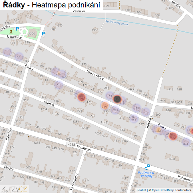 Mapa Řádky - Firmy v ulici.