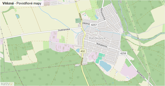 Vítězná - záplavové mapy stoleté vody