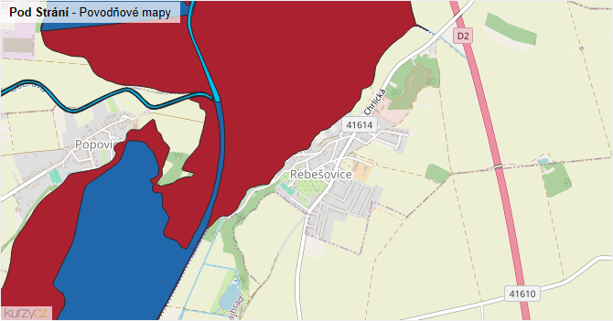 Pod Strání - záplavové mapy stoleté vody