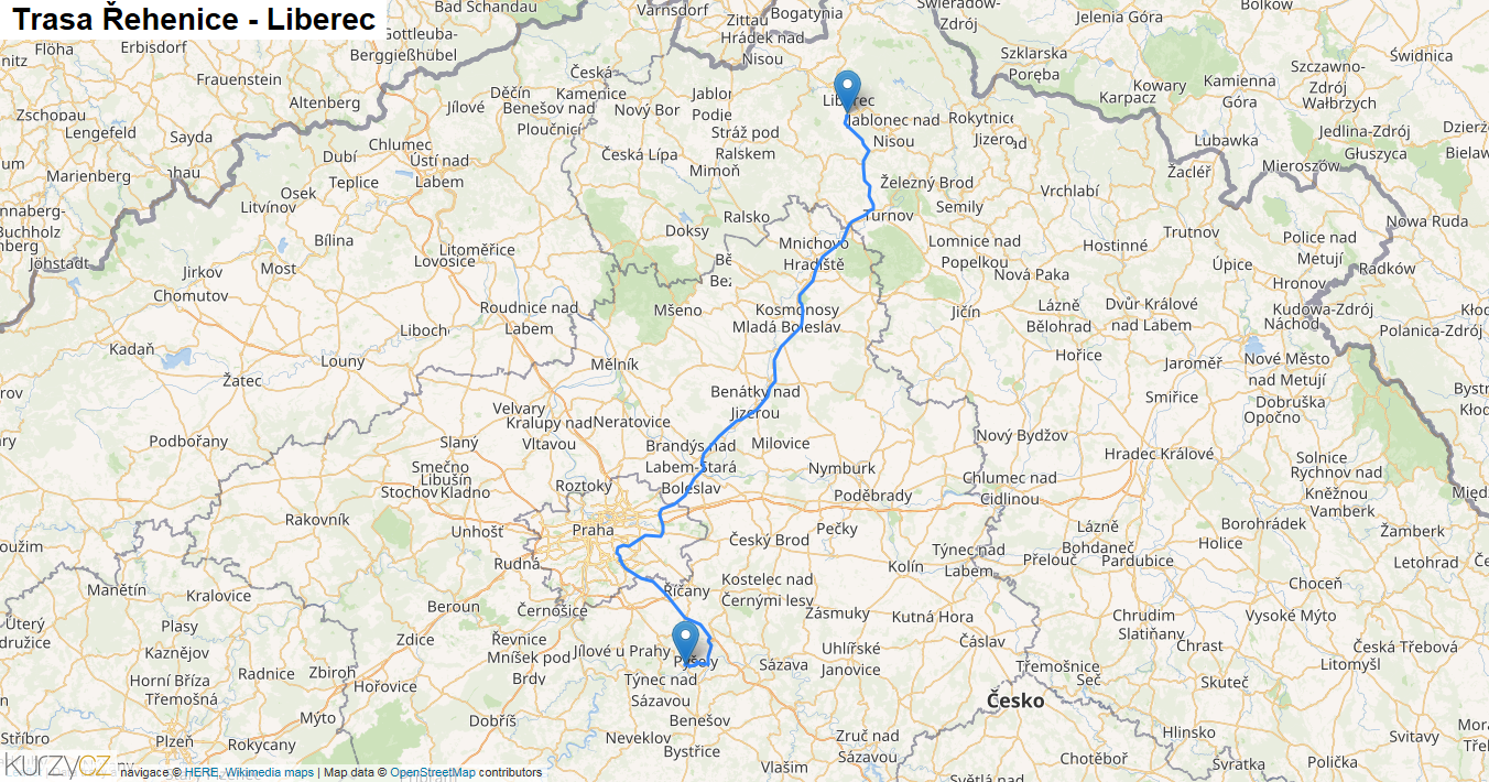 Řehenice-Liberec, mapa trasy