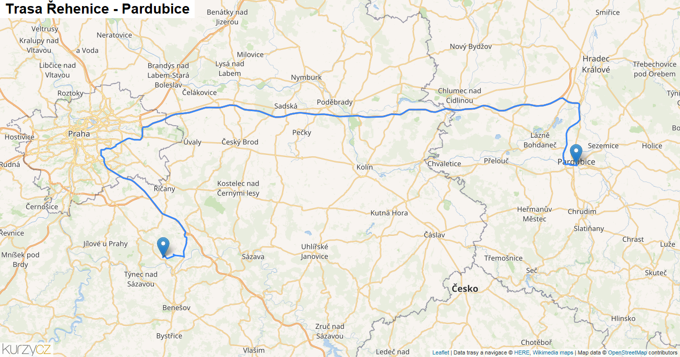 Řehenice-Pardubice, mapa trasy