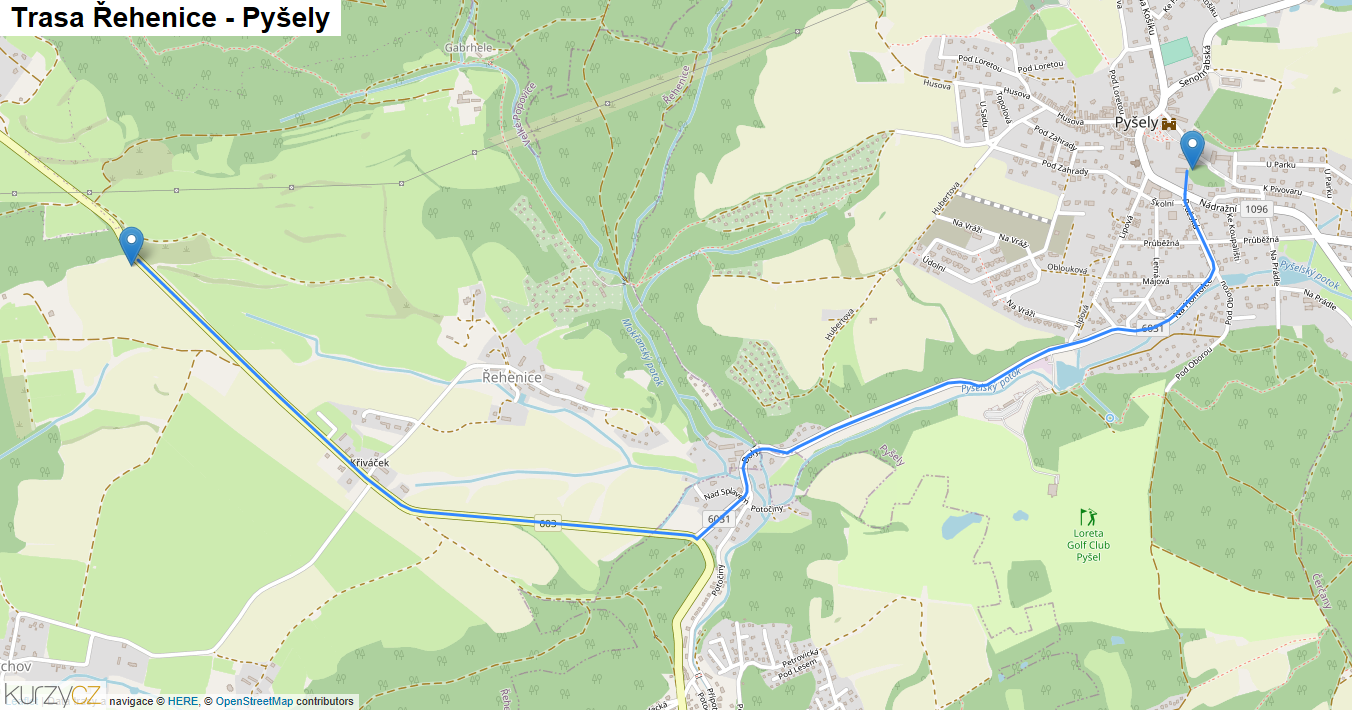 Řehenice-Pyšely, mapa trasy