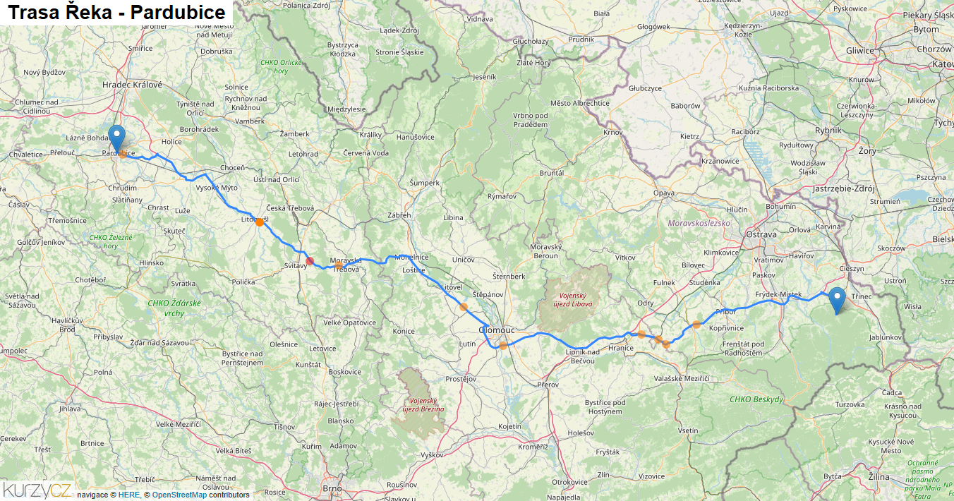 Řeka-Pardubice, mapa trasy