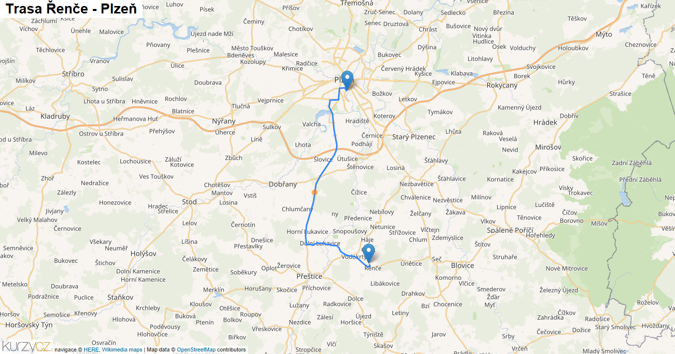 Řenče-Plzeň, mapa trasy