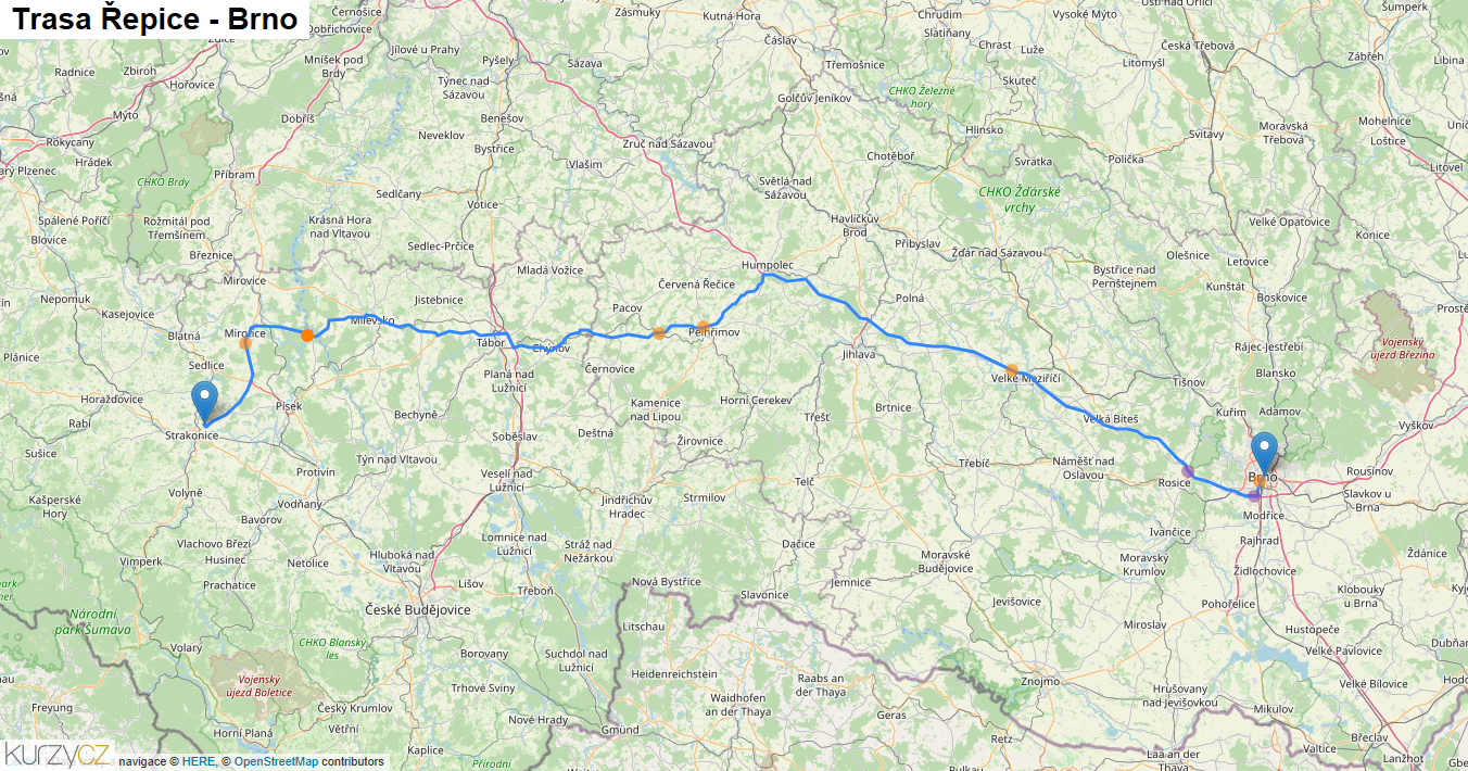 Řepice-Brno, mapa trasy