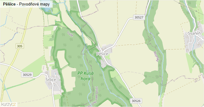 Pěšice - záplavové mapy stoleté vody