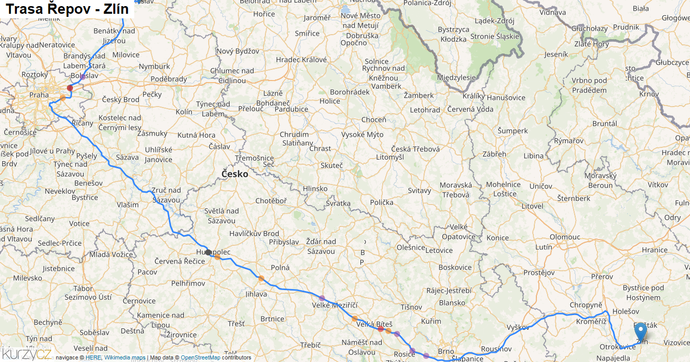 Řepov-Zlín, mapa trasy