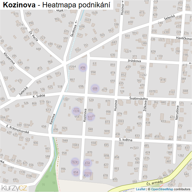 Mapa Kozinova - Firmy v ulici.