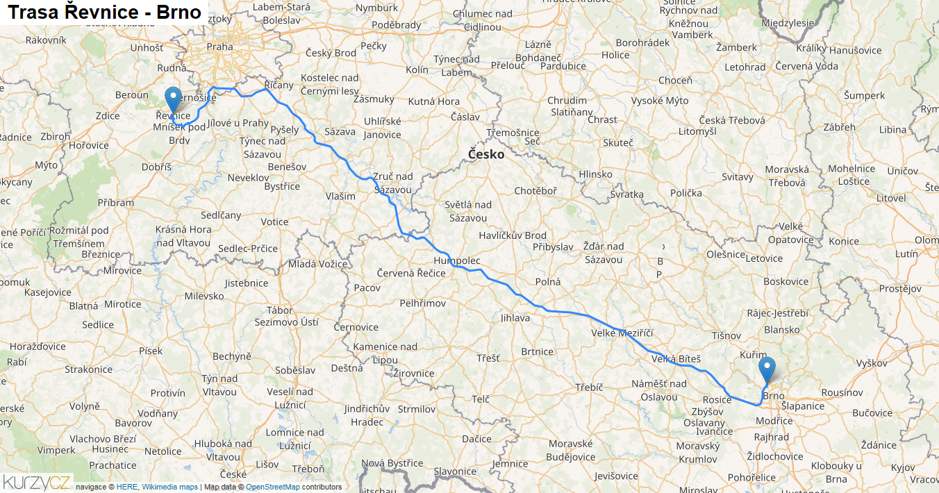 Řevnice-Brno, mapa trasy