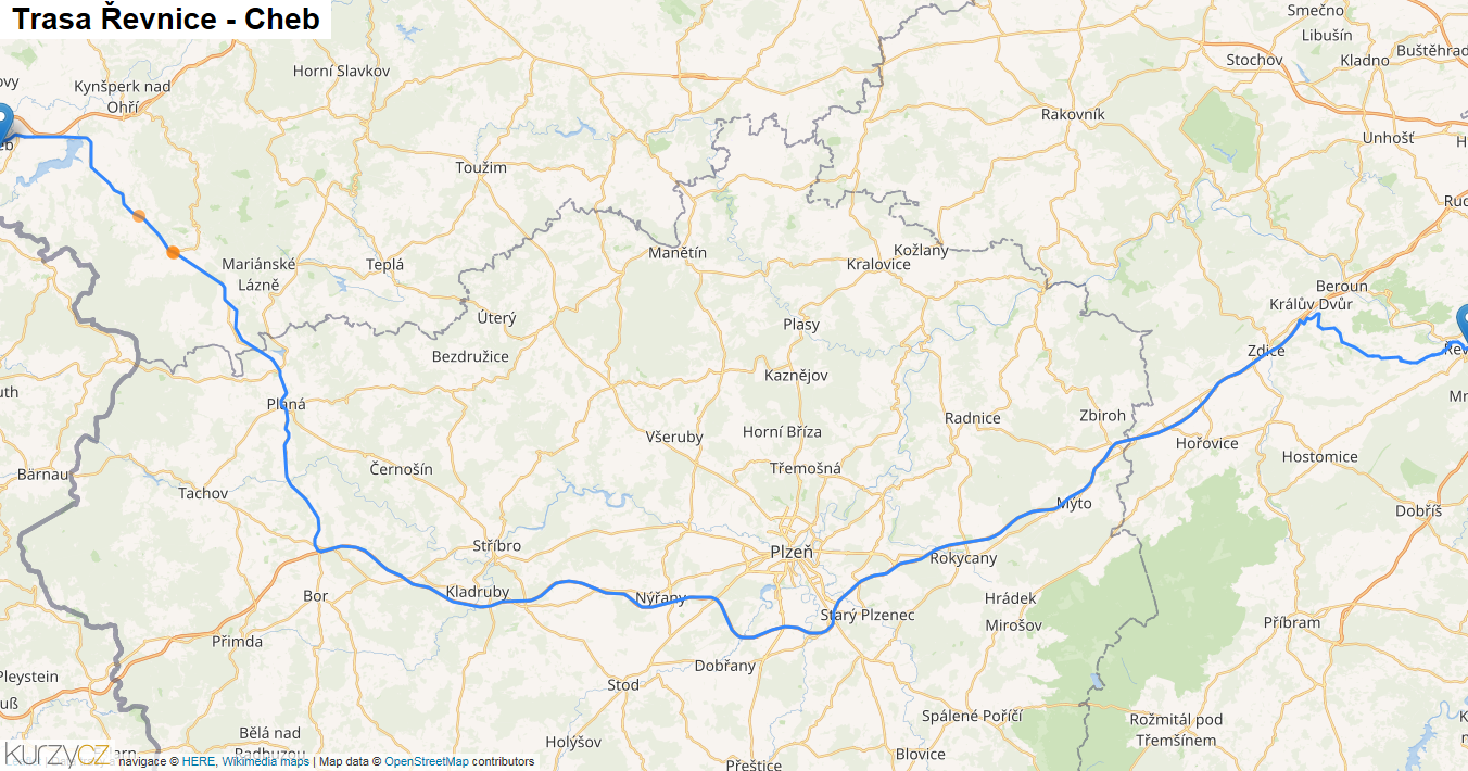 Řevnice-Cheb, mapa trasy