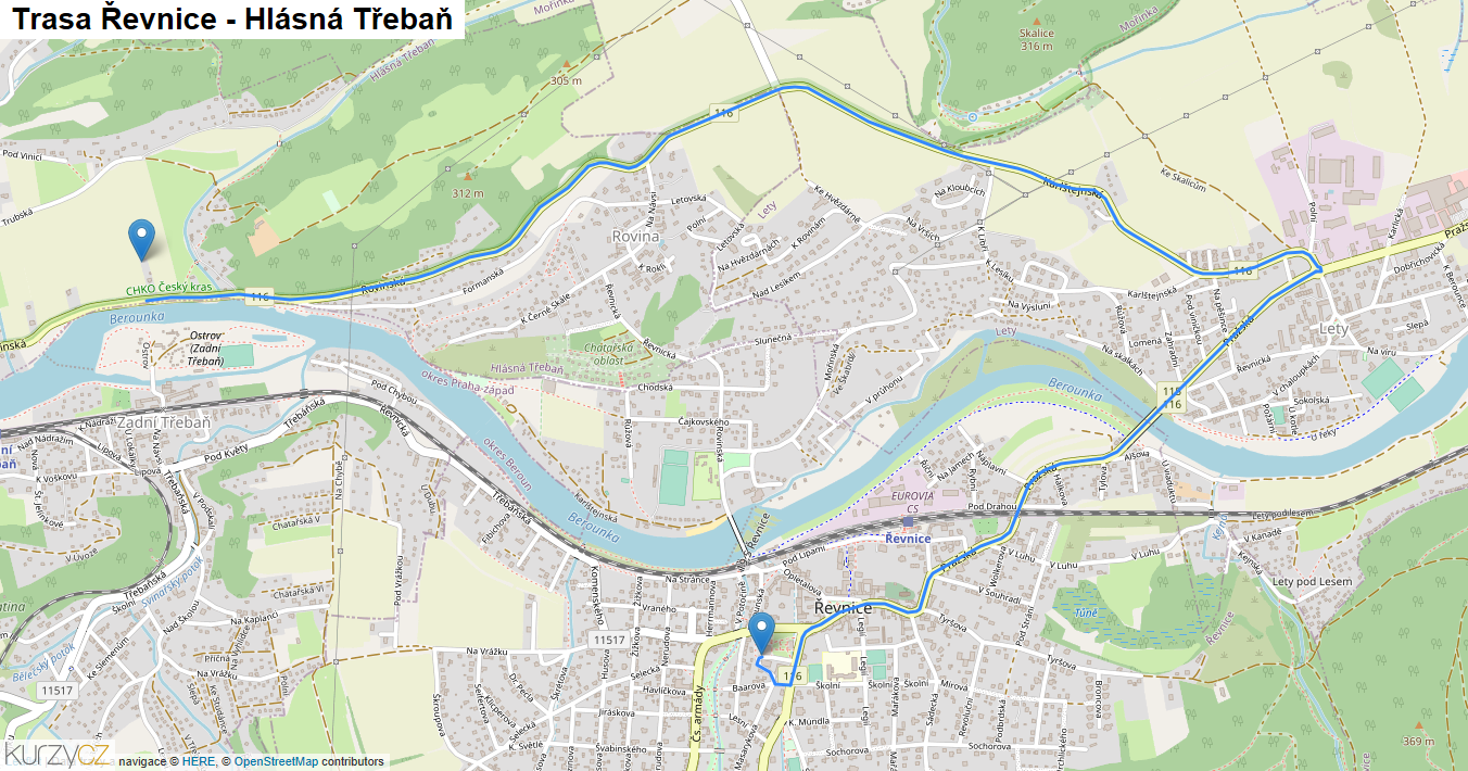 Řevnice-Hlásná Třebaň, mapa trasy