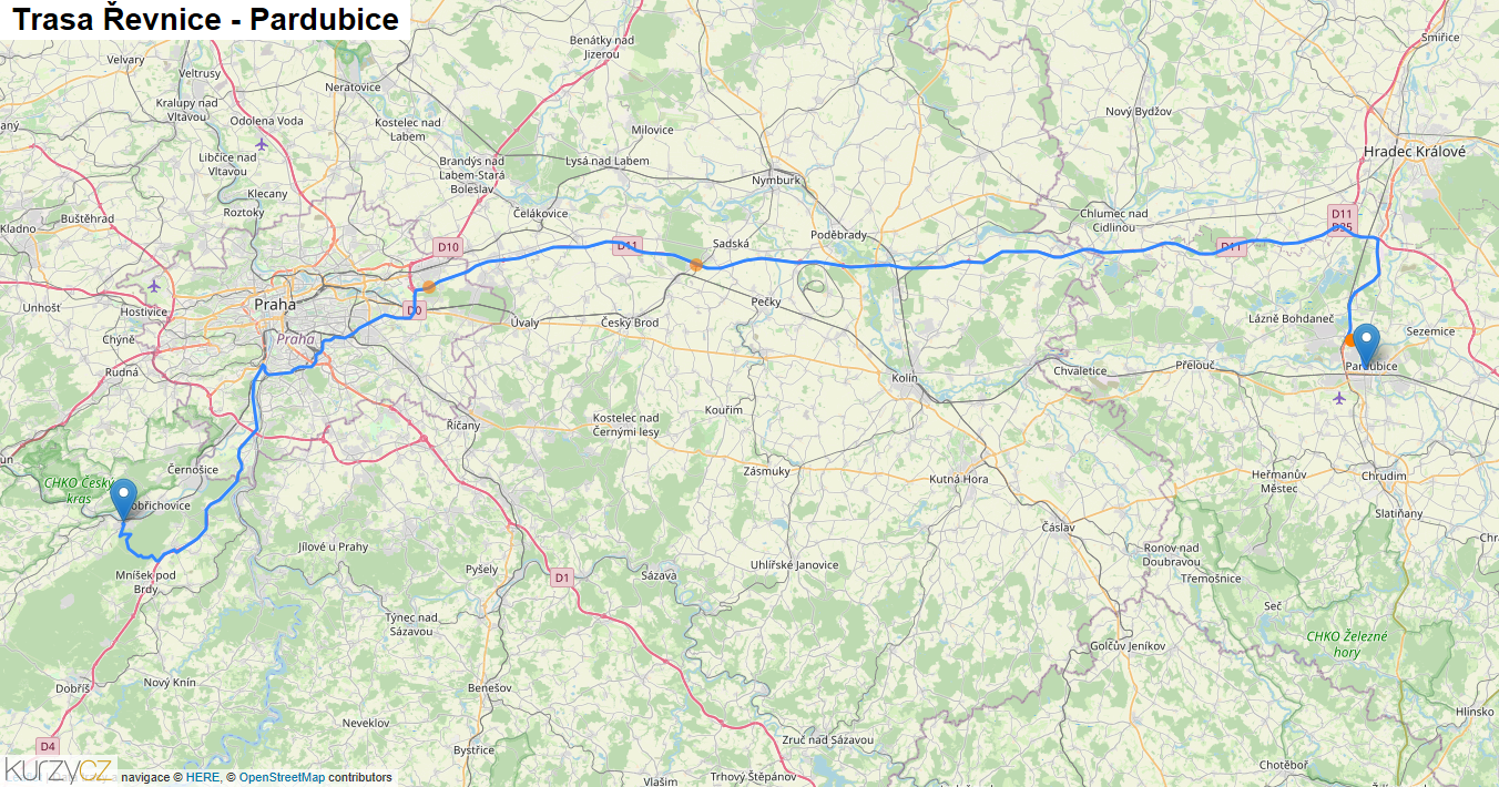 Řevnice-Pardubice, mapa trasy