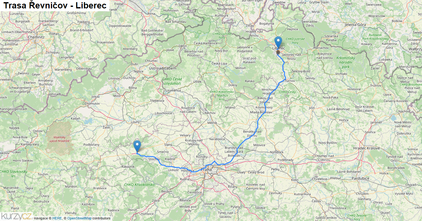Řevničov-Liberec, mapa trasy