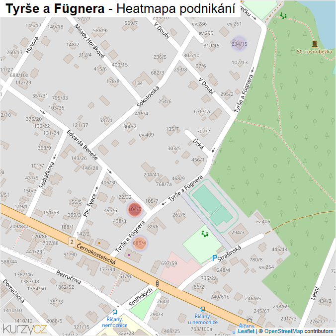 Mapa Tyrše a Fügnera - Firmy v ulici.