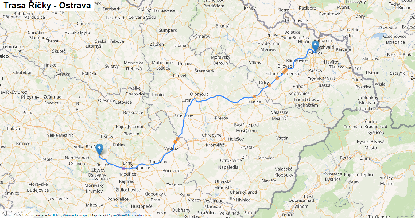 Říčky-Ostrava, mapa trasy