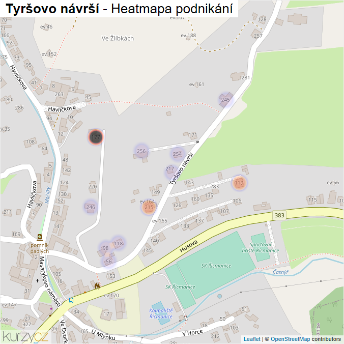 Mapa Tyršovo návrší - Firmy v ulici.
