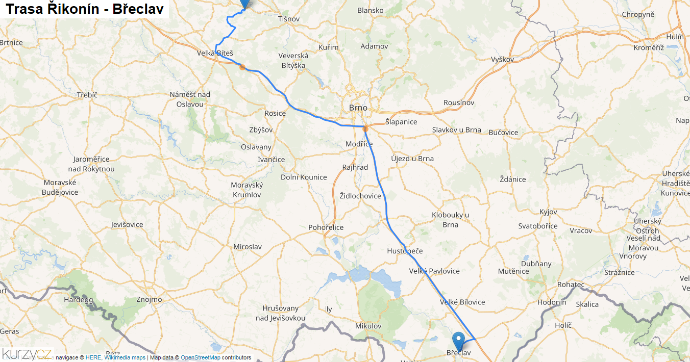 Řikonín-Břeclav, mapa trasy