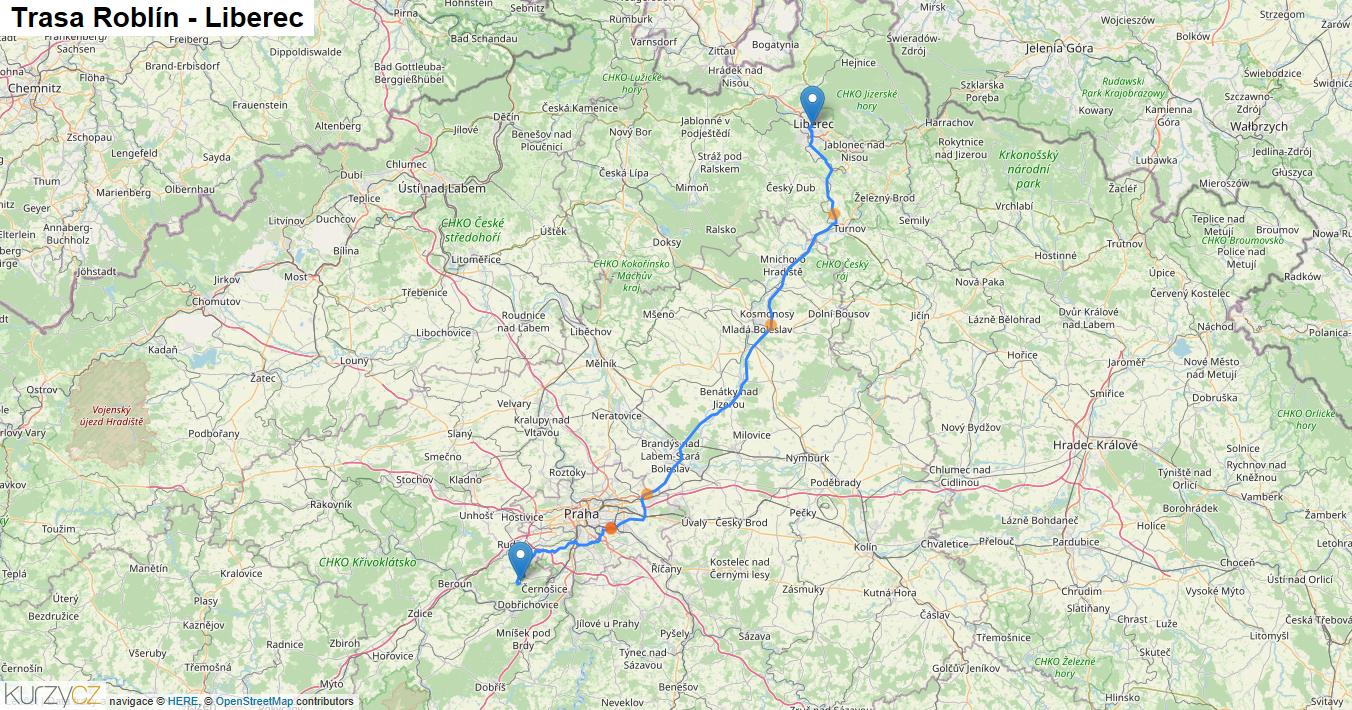 Roblín-Liberec, mapa trasy