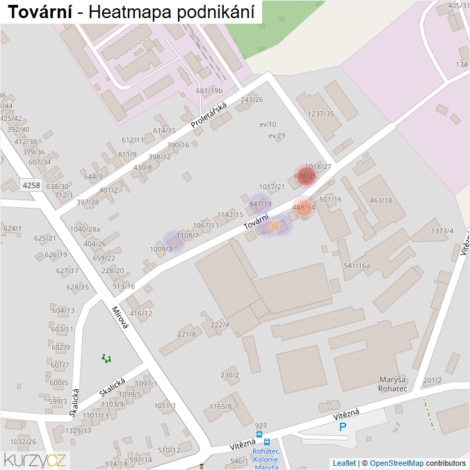 Mapa Tovární - Firmy v ulici.