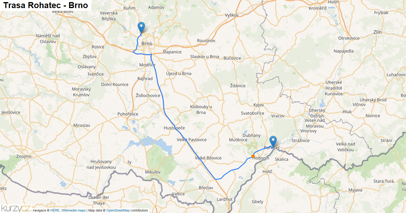 Rohatec-Brno, mapa trasy