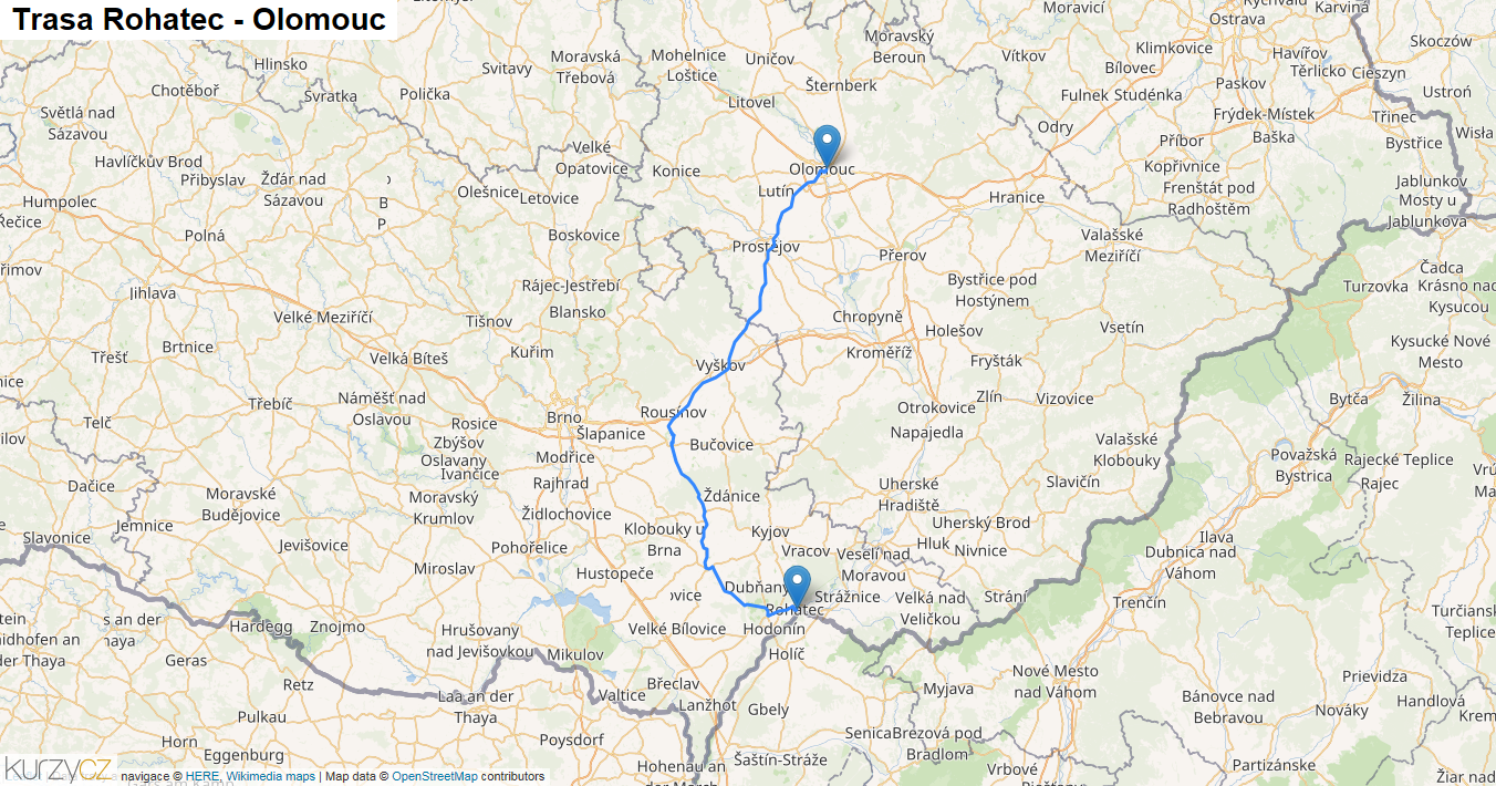 Rohatec-Olomouc, mapa trasy