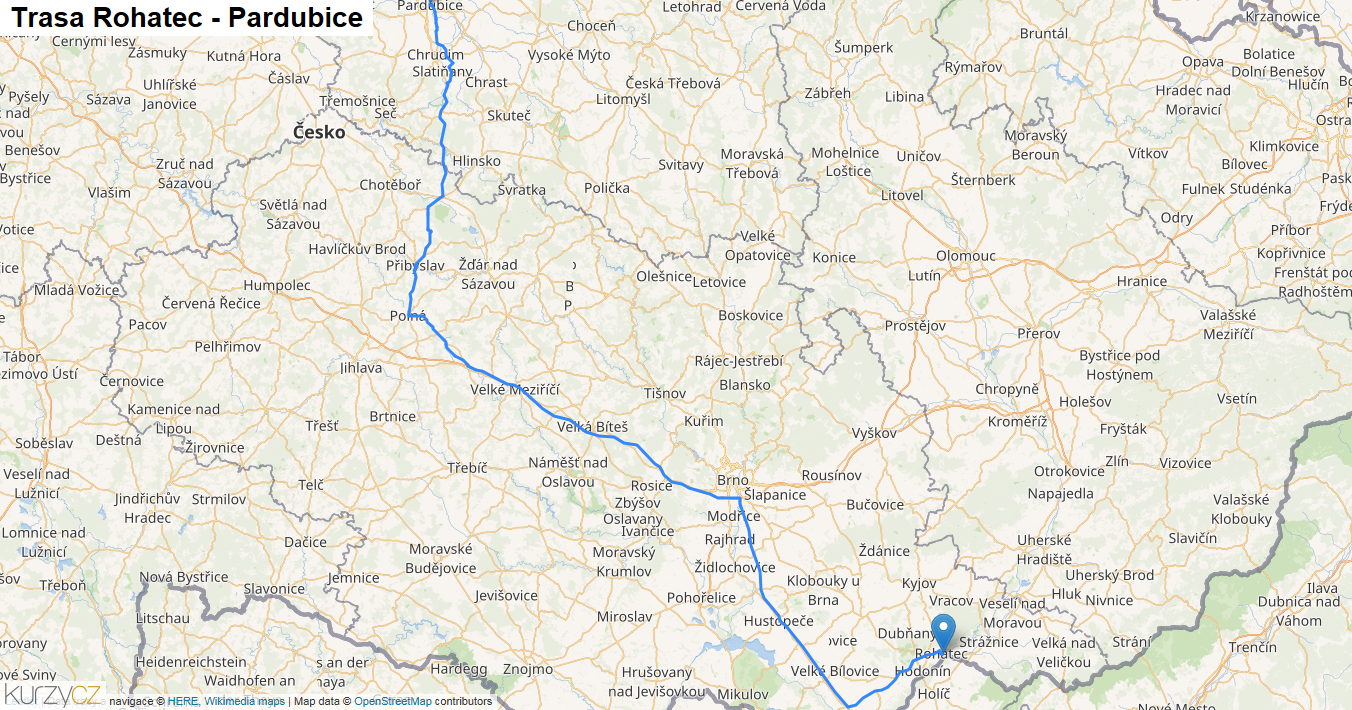 Rohatec-Pardubice, mapa trasy
