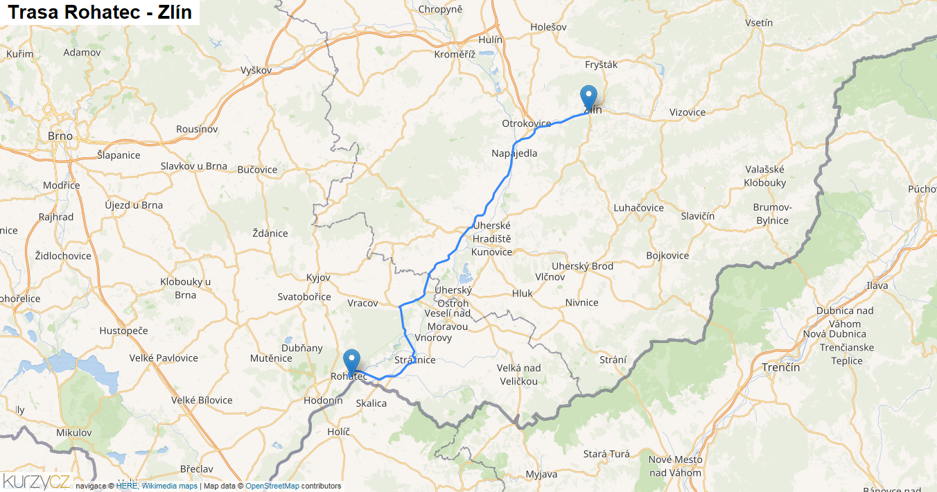 Rohatec-Zlín, mapa trasy