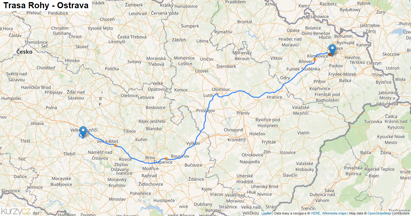 Rohy-Ostrava, mapa trasy