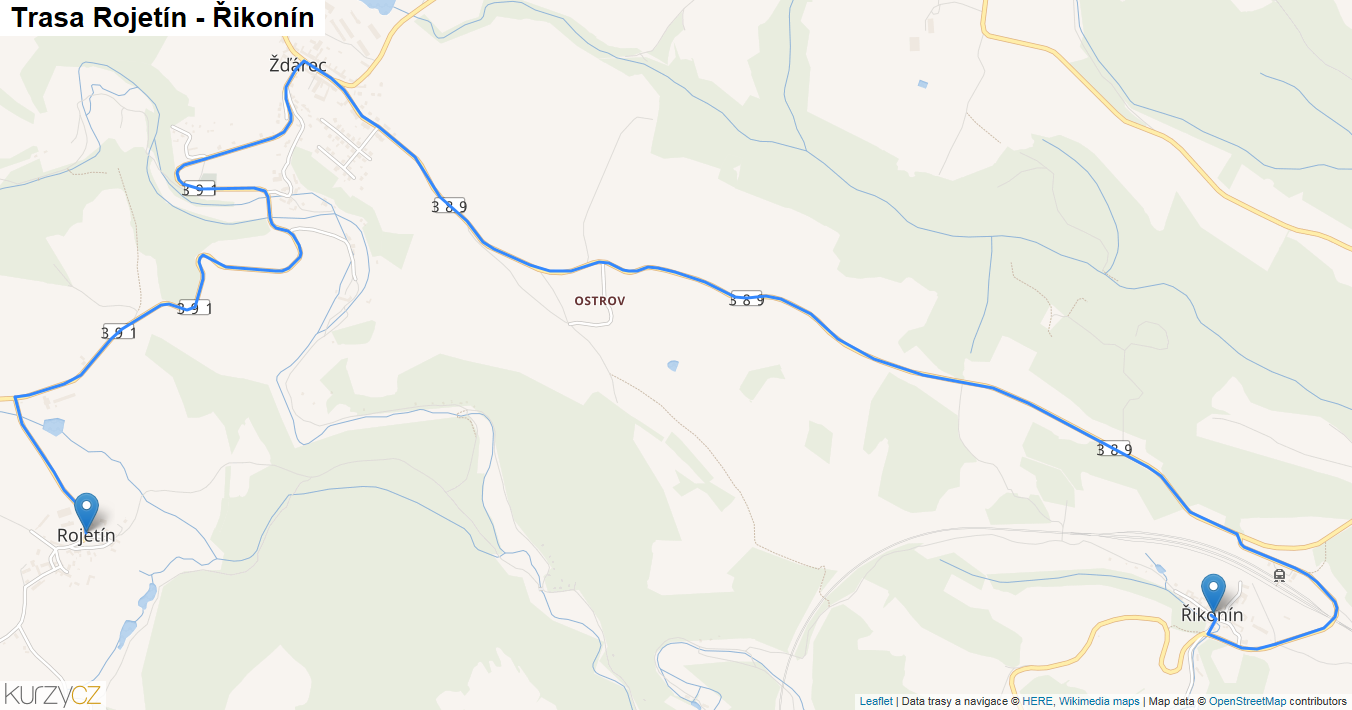 Rojetín-Řikonín, mapa trasy