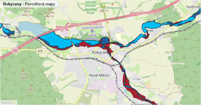 Rokycany - záplavové mapy stoleté vody