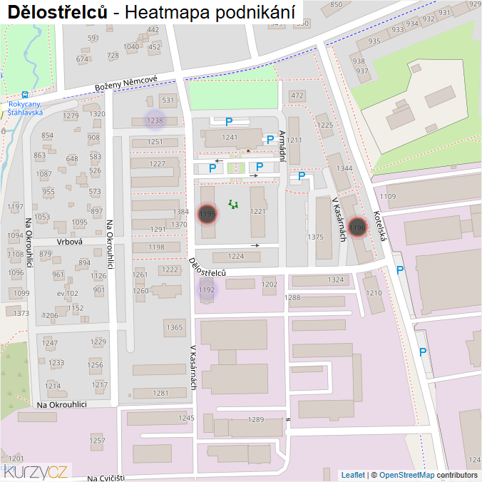 Mapa Dělostřelců - Firmy v ulici.