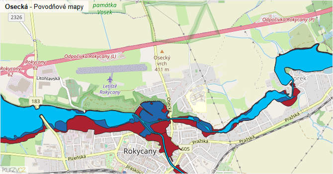 Osecká - záplavové mapy stoleté vody