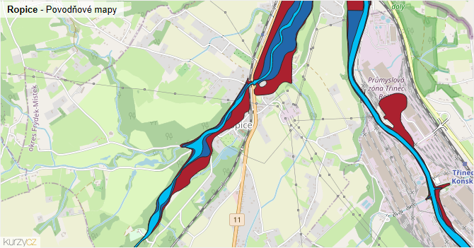 Ropice - záplavové mapy stoleté vody