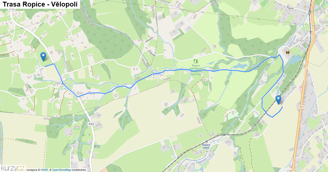 Ropice-Vělopolí, mapa trasy