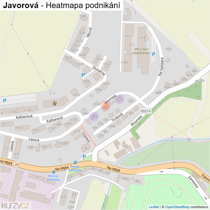 Mapa Javorová - Firmy v ulici.
