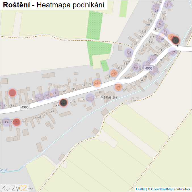 Mapa Roštění - Firmy v části obce.